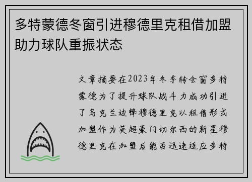 多特蒙德冬窗引进穆德里克租借加盟助力球队重振状态