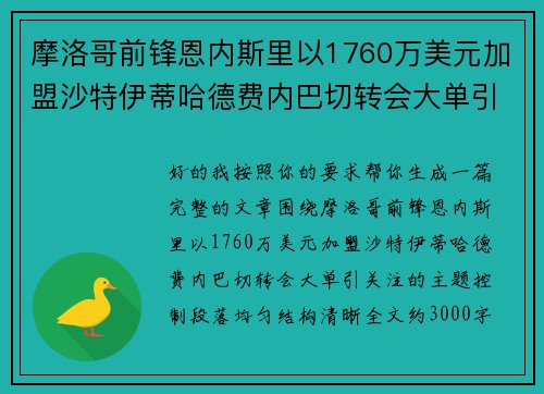 摩洛哥前锋恩内斯里以1760万美元加盟沙特伊蒂哈德费内巴切转会大单引关注